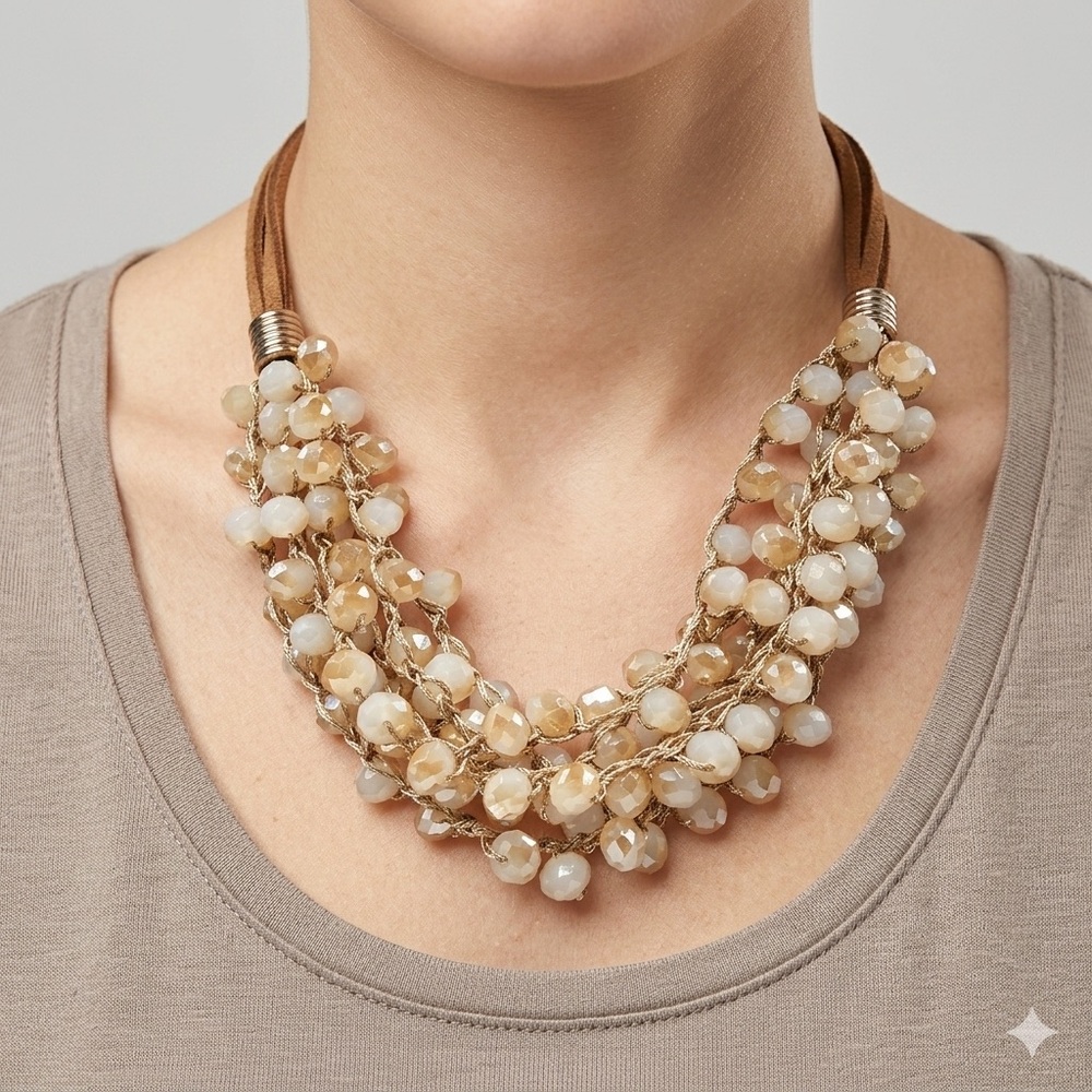 Boho-Chic Multi-Layered Statement Necklace – White to Gold Quartz Beads